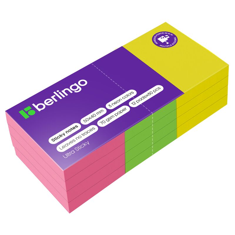 Самоклеящийся блок Berlingo Ultra Sticky, 50*40мм, 12 блоков по 80л, 3 неоновых цвета