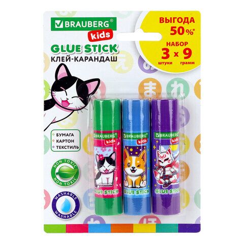 Клей-карандаш 09г BRAUBERG KIDS Anime 3шт на блистере, 272471