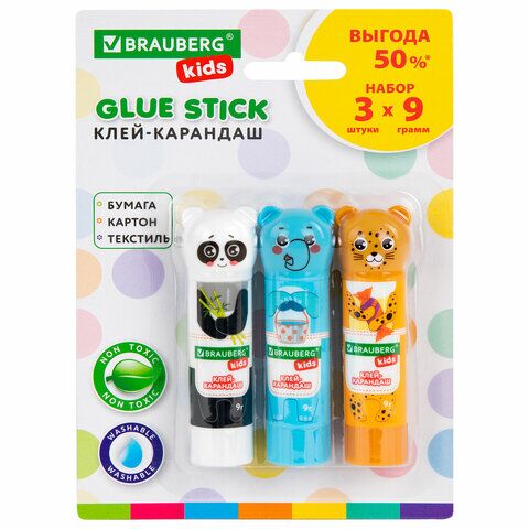 Клей-карандаш 09г BRAUBERG KIDS 3шт/блистер "Зверята: панда, слон, леопард" фигурный колпачок