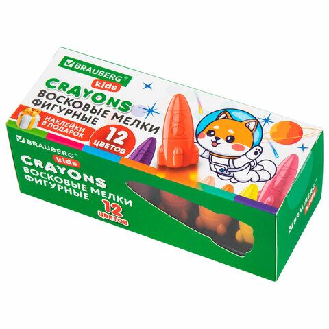 Мелки восковые 12цв фигурные BRAUBERG KIDS "РАКЕТА" + НАКЛЕЙКИ В ПОДАРОК, 273082