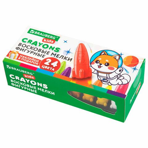 Мелки восковые 24цв фигурные BRAUBERG KIDS "РАКЕТА" + НАКЛЕЙКИ В ПОДАРОК, 273083