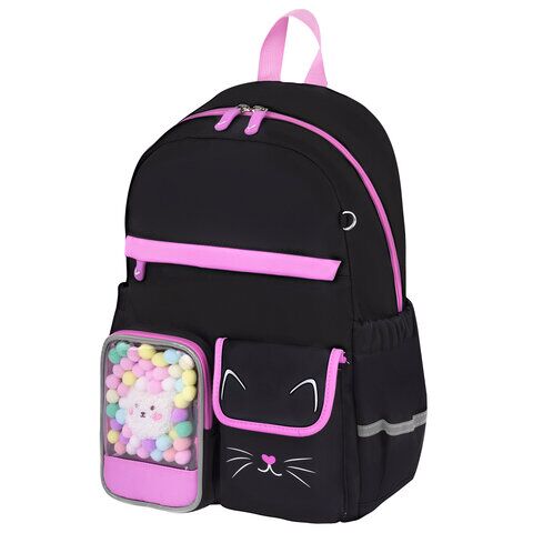 Рюкзак BRAUBERG PASTEL с термонашивками в комплекте, "Black kitty", черный, 40х29х14 см,