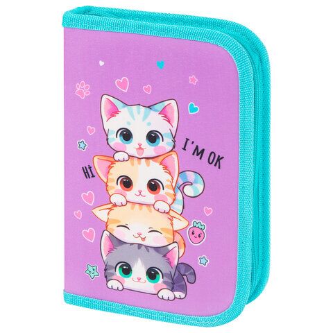 Пенал BRAUBERG 1 отд 1 откидная планка, полиэстер, 21х14 см, "Funny kittens", 273523