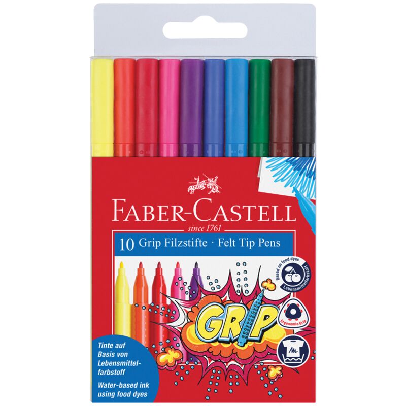 Фломастеры Faber-Castell Grip, 10цв., трехгранные, смываемые, пластик.уп., европодвес