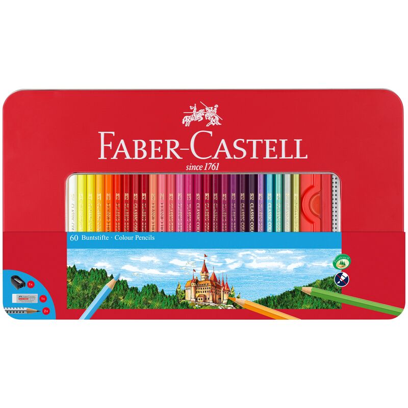 Карандаши 60цв Faber-Castell Замок, шестигр., заточ.+2ч/г кар. Grip+ластик+точилка, метал. коробка