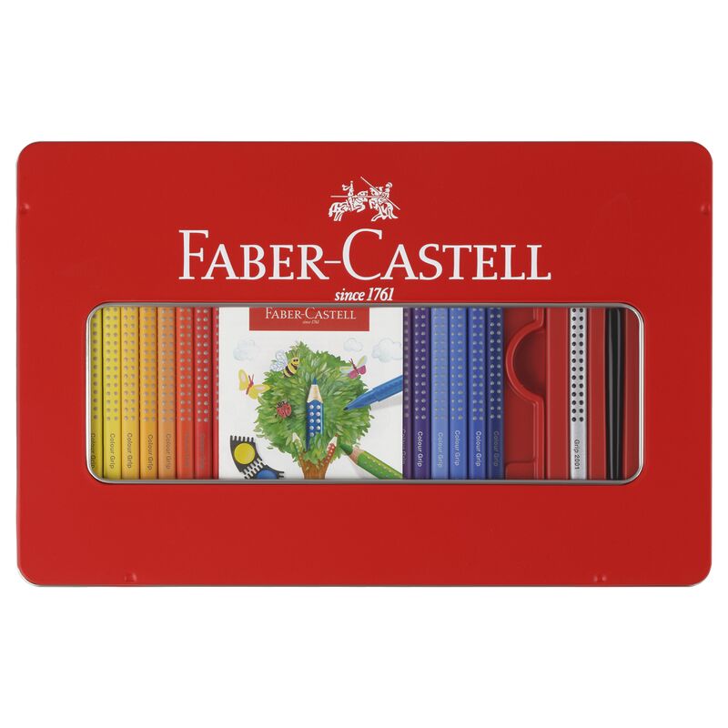 Карандаши цветные Faber-Castell Grip, 48цв., трехгран., заточ.+ч/г кар .Grip+точилка+кисть, метал. коробка