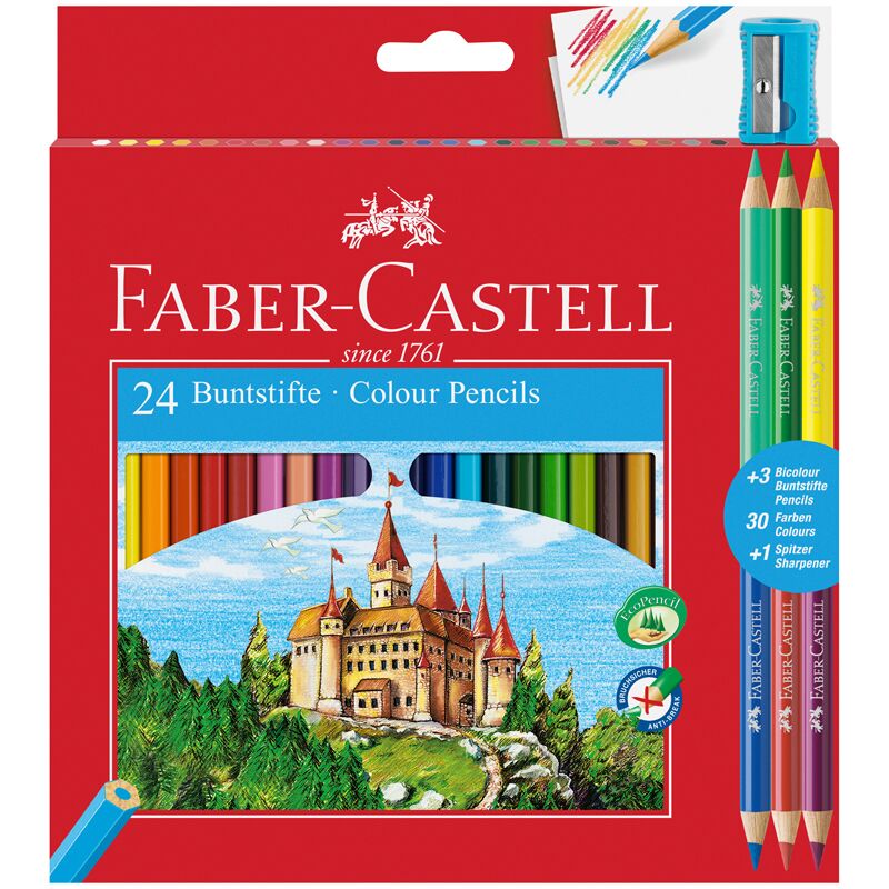 Карандаши цветные Faber-Castell Замок, 24цв., шестигр., заточ.+6цв.+точилка, картон, европодвес