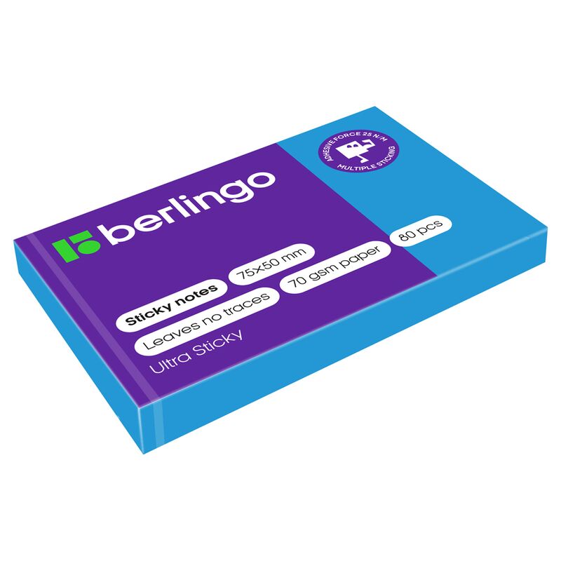 Самоклеящийся блок Berlingo Ultra Sticky, 50*75мм, 80л, синий неон