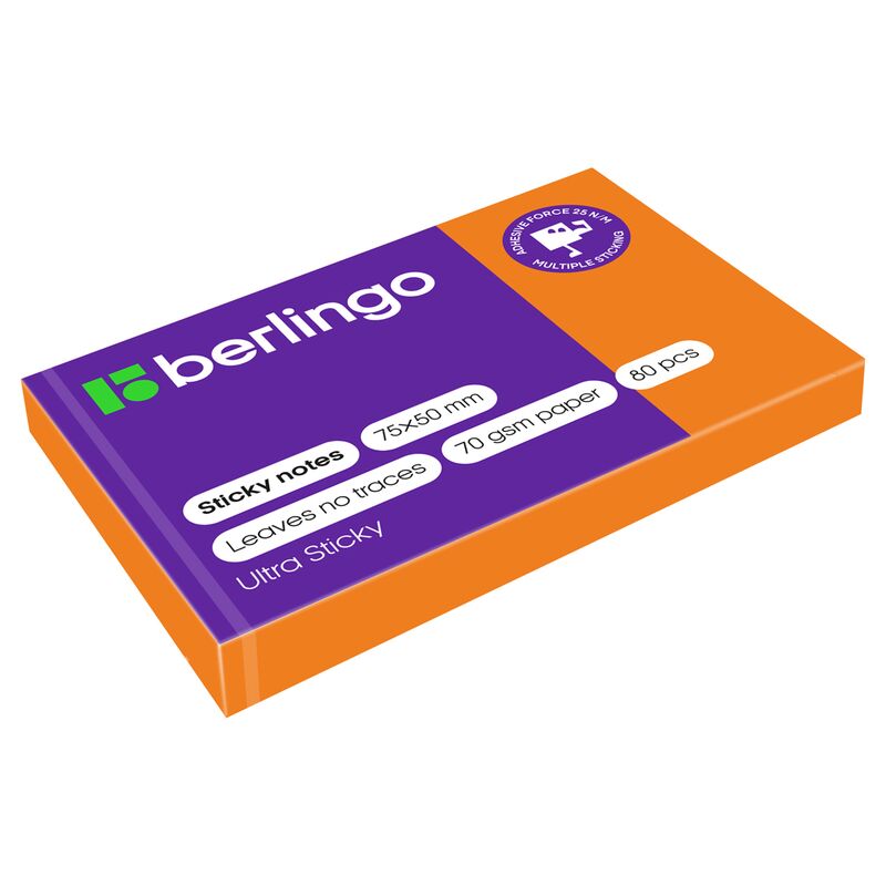 Самоклеящийся блок Berlingo Ultra Sticky, 50*75мм, 80л, оранжевый неон