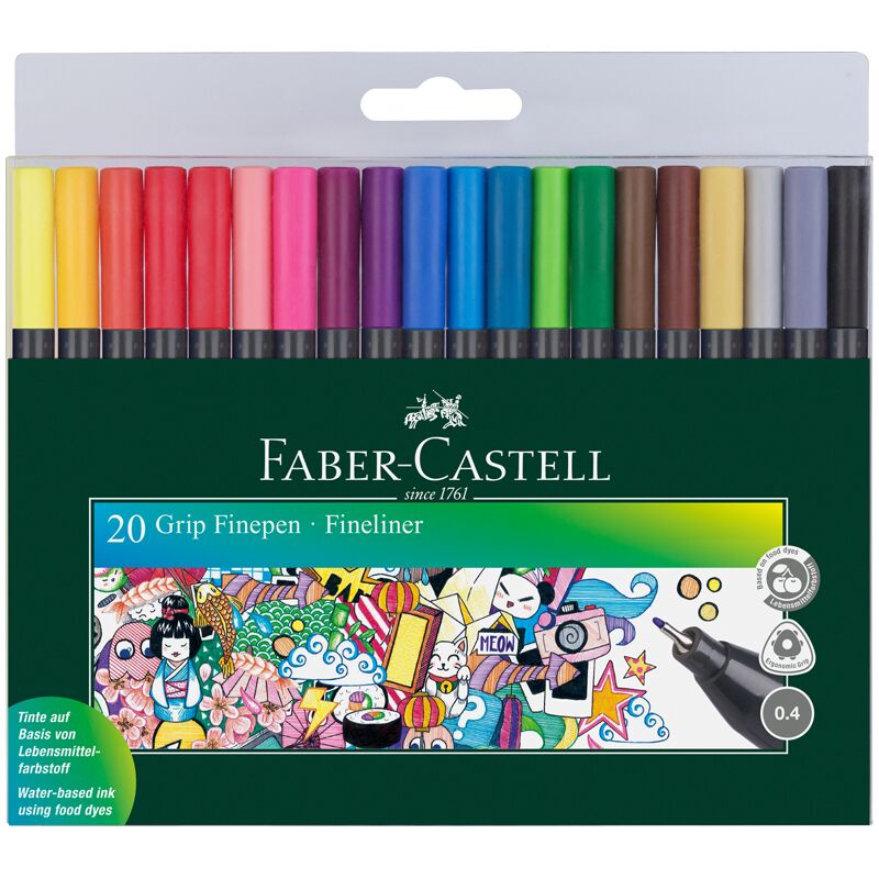 Набор капиллярных ручек Faber-Castell Grip Finepen 20цв., 0,4мм, трехгран., пласт. уп., европодвес