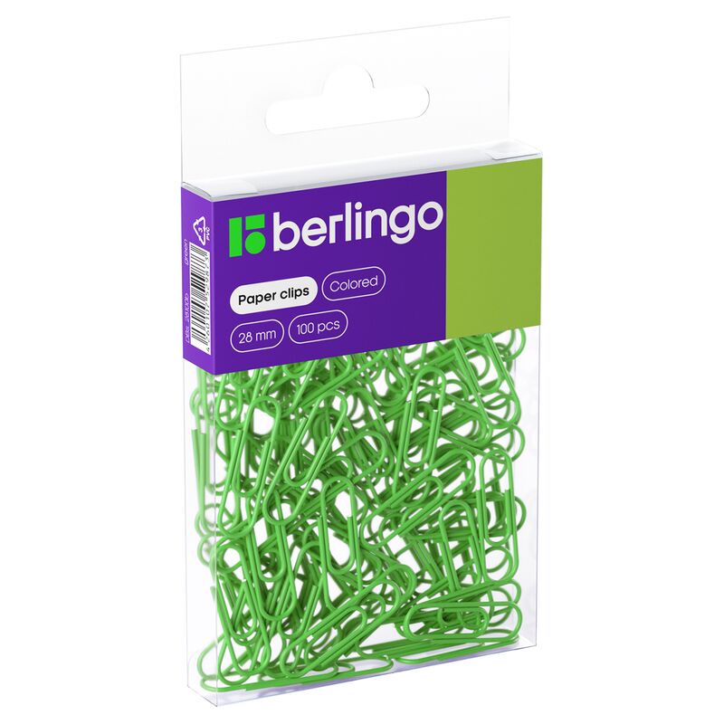 Скрепки 28мм, Berlingo, 100 шт, цветные, ПВХ упак., европодвес, зеленые