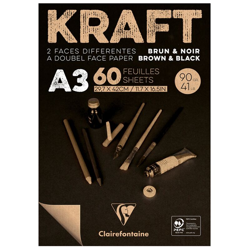 Скетчбук - блокнот 60л. А3 на склейке Clairefontaine Kraft, 90г/м2,верже,черный/крафт