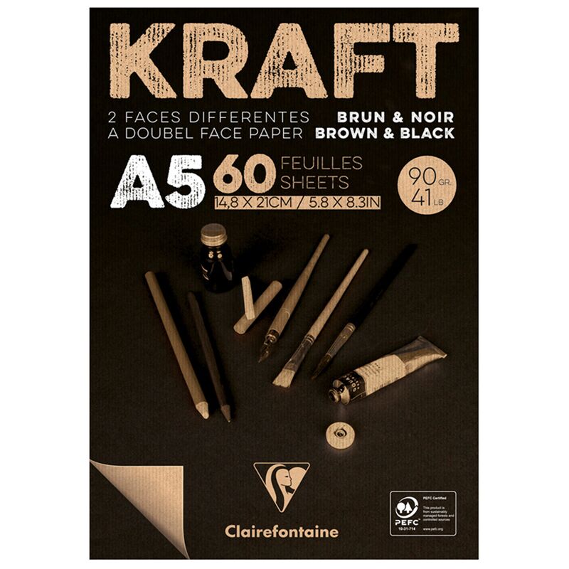 Скетчбук - блокнот 60л. А5 на склейке Clairefontaine Kraft, 90г/м2,верже,черный/крафт