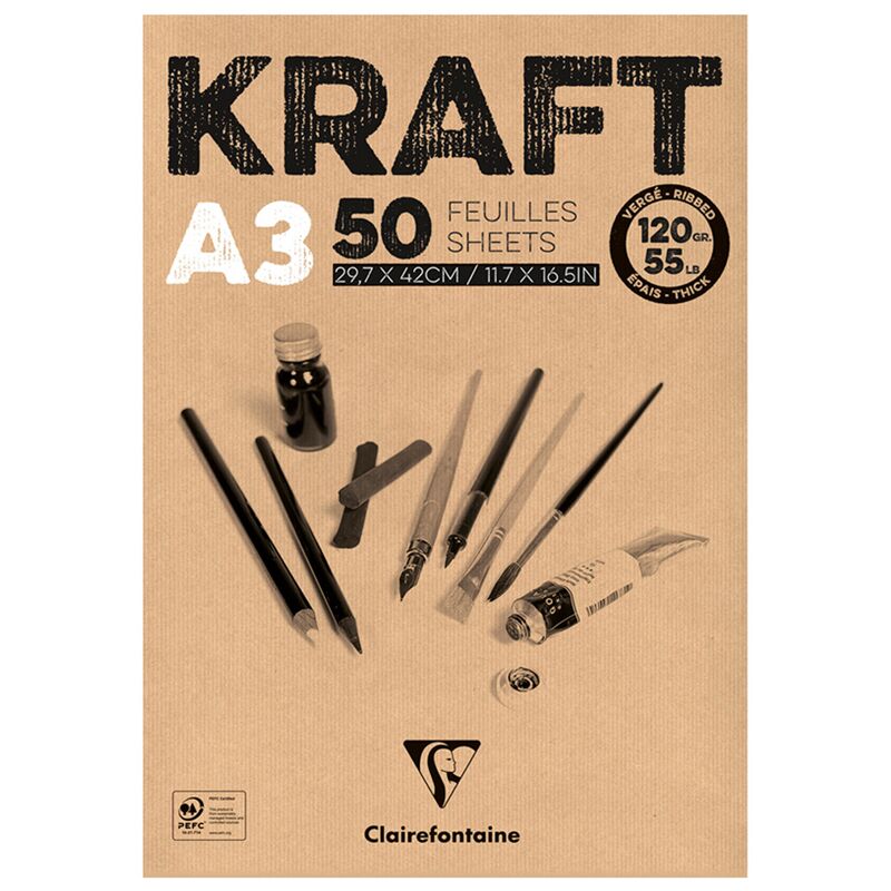 Скетчбук - блокнот 50л. А3 на склейке Clairefontaine Kraft, 120г/м2, верже, крафт