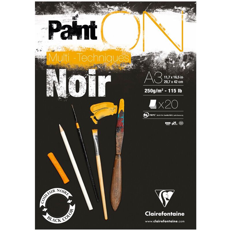 Скетчбук - альбом для смешанных техник 20л., А3, на склейке Clairefontaine Paint ON Noir, 250г/м2, черная