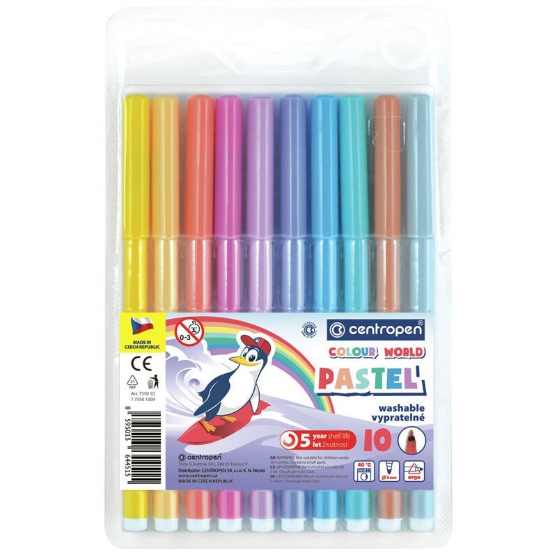 Фломастеры Centropen Colour World. Pastel, 10цв., трехгранные, 2 мм., смываемые, блистер