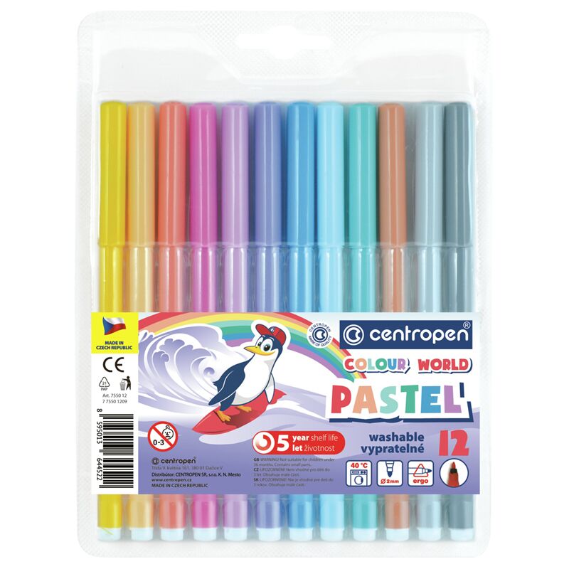 Фломастеры Centropen Colour World. Pastel, 12цв., трехгранные, 2 мм., смываемые, блистер