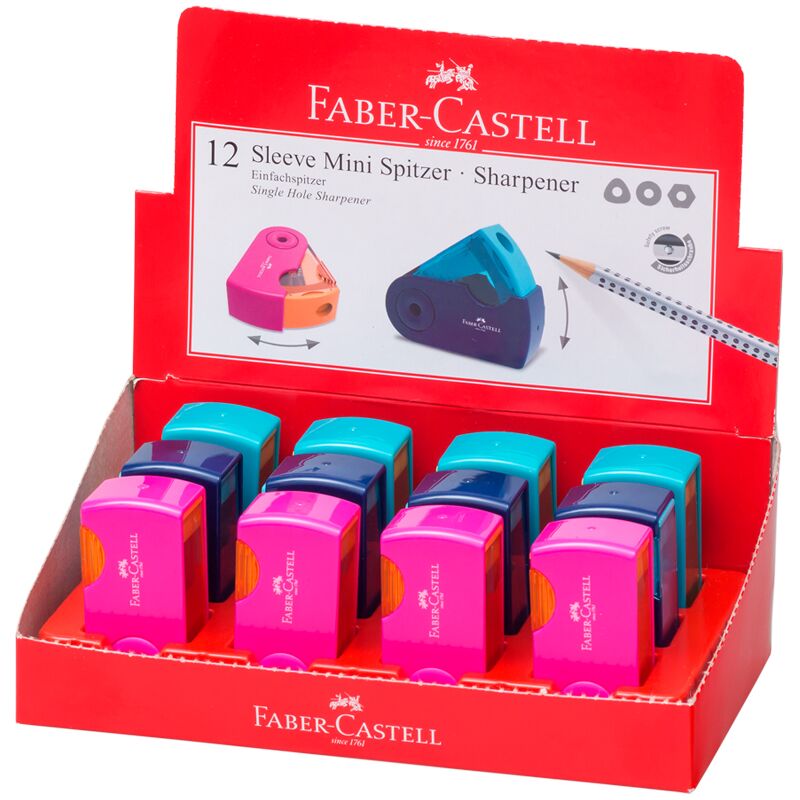 Точилка пластиковая Faber-Castell Sleeve Mini, 1 отверстие, контейнер, розов./оранж., бирюзов.