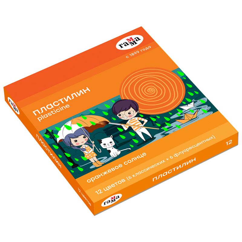 Пластилин Гамма Оранжевое солнце, 12 цветов ( 6 классич., 6 флуор.), 168г, со стеком. картон. упак.