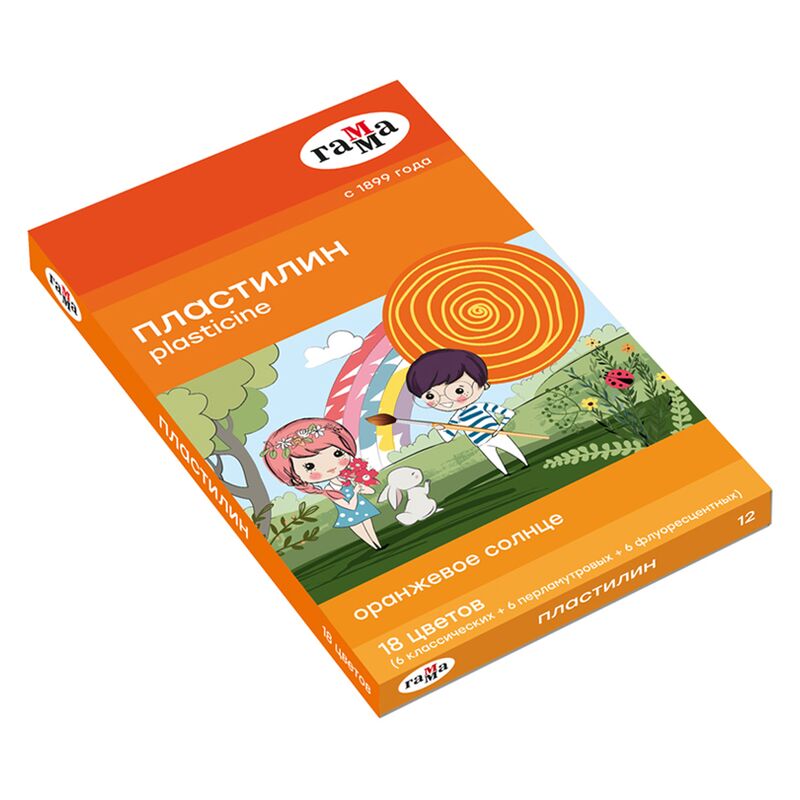 Пластилин Гамма Оранжевое солнце, 18 цветов (6 классич., 6 флуор., 6 перл.), 234г, со стеком, картон. упак.