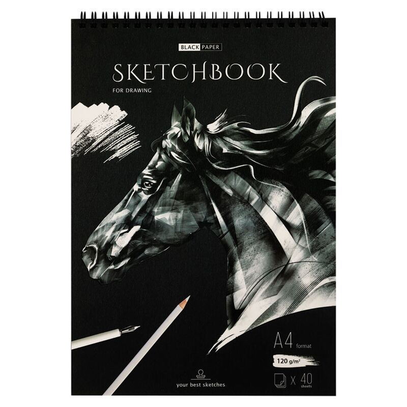 Скетчбук 40л., А4 ArtSpace Black line. Horse, на гребне, 120г/м2, черный блок