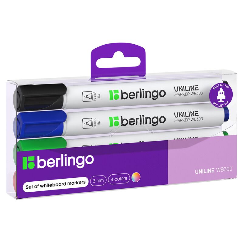 Набор маркеров для белых досок Berlingo Uniline WB300, 4цв., пулевидный, 3мм, PET