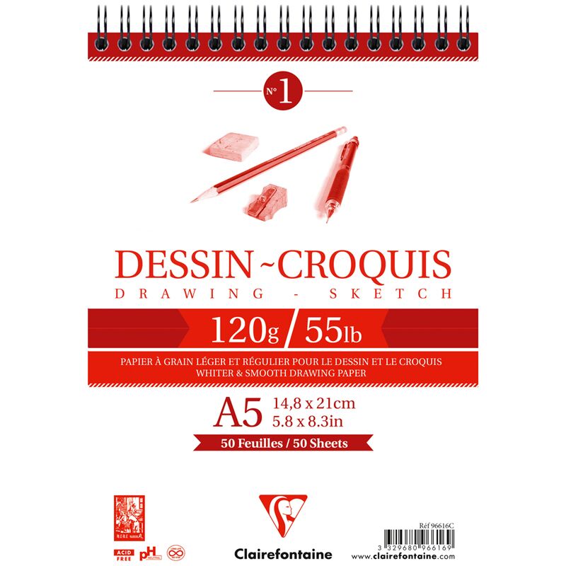 Скетчбук 50л. А5 на гребне Clairefontaine Dessin croquis, 120г/м2