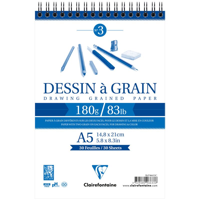 Скетчбук 30л. А5 на гребне Clairefontaine Dessin a grain, 180г/м2, мелкозернистая