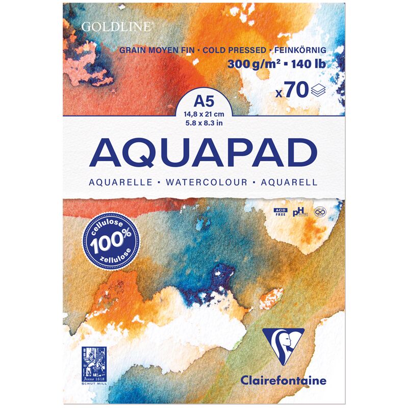 Альбом для акварели 70л., А5, на склейке Clairefontaine Goldline Aqua,300г/м2, холод. прессование