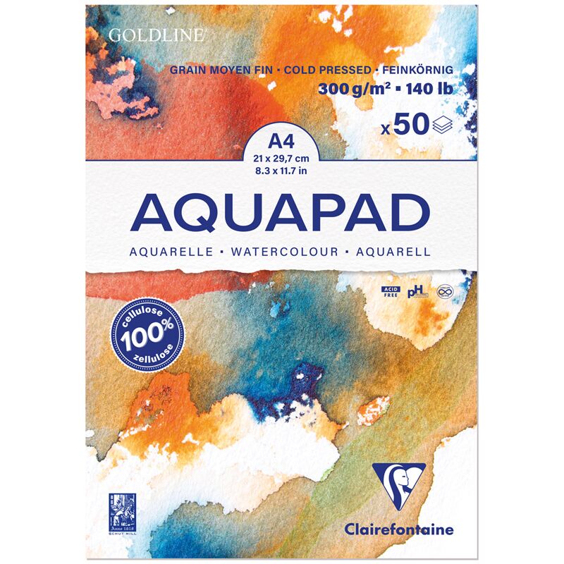 Альбом для акварели 50л., А4, на склейке Clairefontaine Goldline Aqua,300г/м2, холод. прессование