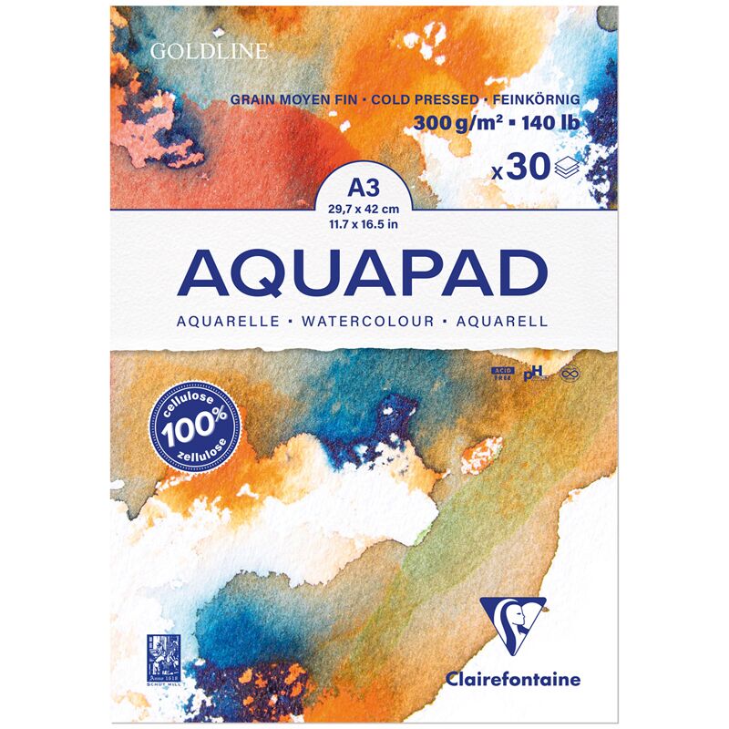 Альбом для акварели 30л., А3, на склейке Clairefontaine Goldline Aqua,300г/м2, холод. прессование