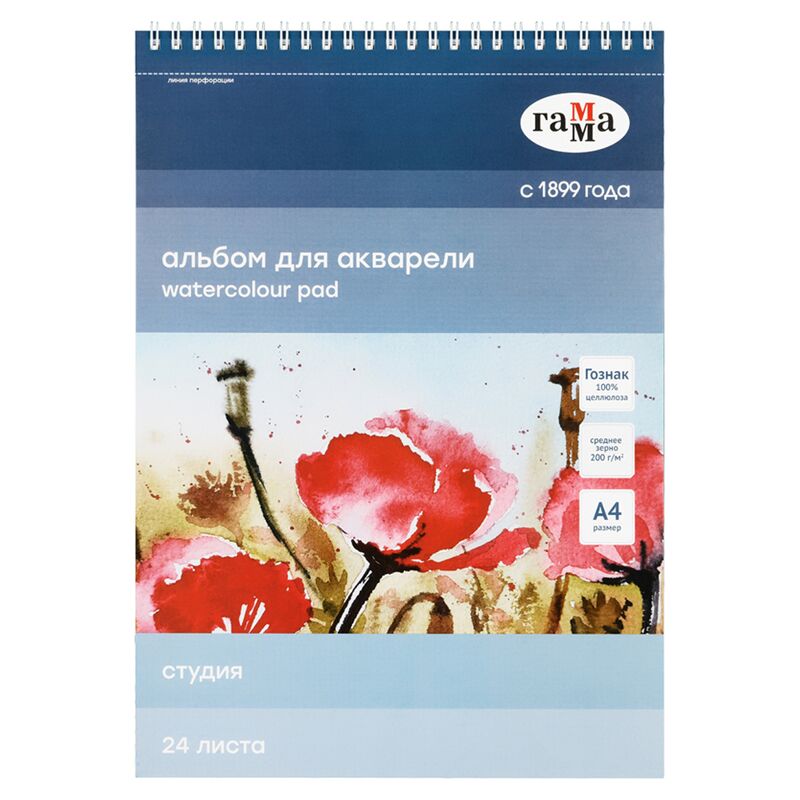 Альбом для акварели 24л А4 на спирали Гамма Студия 200г/м2 среднее зерно перфорация на отрыв