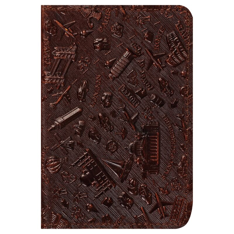 Обложка для паспорта Кожевенная мануфактура, нат. кожа, "Путешествия", коричневая