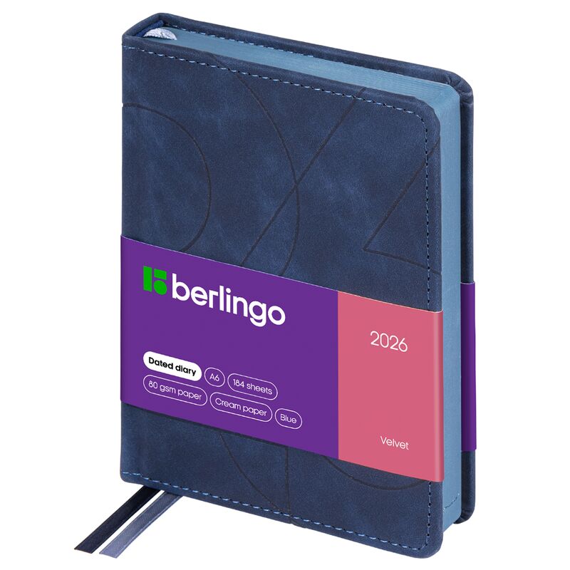 Ежедневник датированный 2026г., А6, 184л., кожзам, Berlingo "Velvet", цветной срез, синий