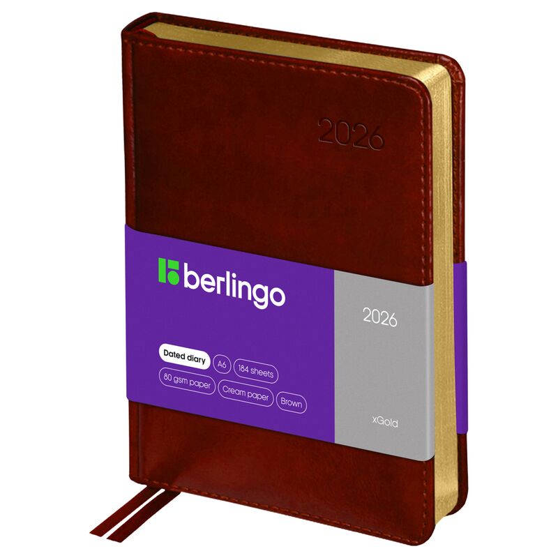 Ежедневник датированный 2026г., А6, 184л., кожзам, Berlingo "xGold", зол. срез, коричневый