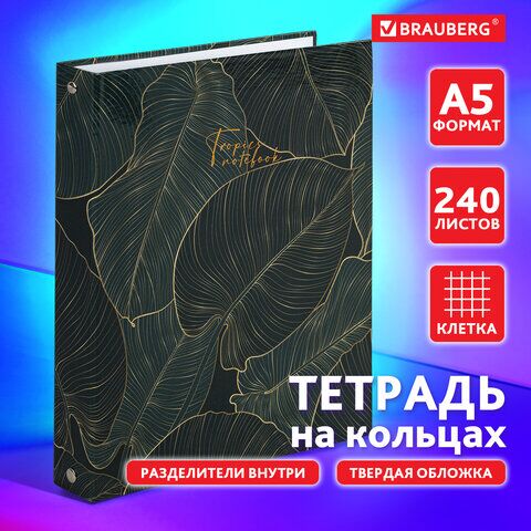 Тетрадь на кольцах А5 175х215 мм, 240 л., твердый картон, с разделителями, BRAUBERG, Листья, 404099