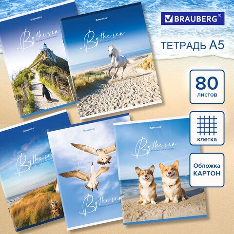 Тетрадь А5, 80 л., BRAUBERG, скоба, клетка, "By the Sea", 404410