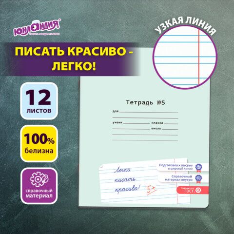 Тетрадь УЧУСЬ ПИСАТЬ № 5 12 л. узкая линия, со справочным материалом, обложка картон, ЮНЛАНДИЯ, 404850