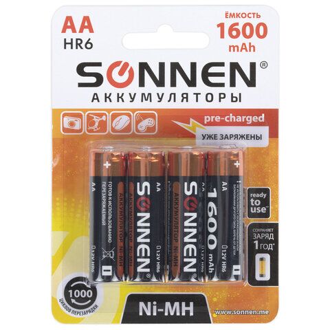 Батарейки аккумуляторные Ni-Mh пальчиковые КОМПЛЕКТ 4 шт., АА (HR6) 1600 mAh, SONNEN