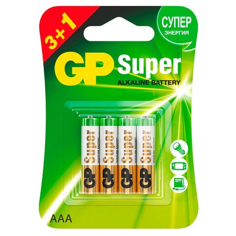 Батарейки GP Super, AAA (LR03,24А), алкалиновые, мизинчиковые, КОМПЛЕКТ 4 шт, ПРОМО 3, 24A3/1-2CR4