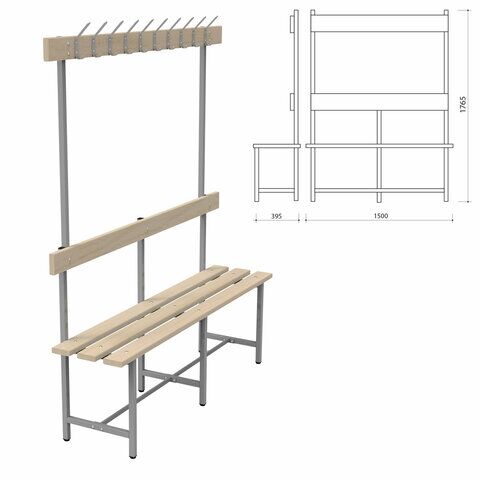 Скамья с вешалкой, спинкой СВТ 5, 1765х1500х395 мм, 10 крючков, каркас металлический серый, сиденье дерево
