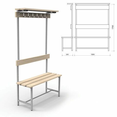 Скамья с вешалкой, спинкой и полкой СВТ 7, 1760х1000х395 мм, 6 крючков, дерево, металл
