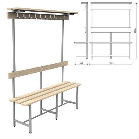Скамья с вешалкой, спинкой и полкой СВТ 8, 1760х1500х395 мм, 10 крючков, каркас металлический серый, сиденье дерево