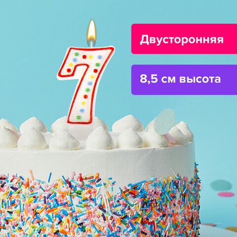 Свеча-цифра для торта 7 ДВУСТОРОННЯЯ с конфетти, 8,5 см, ЗОЛОТАЯ СКАЗКА, держатель, блистер, 591400