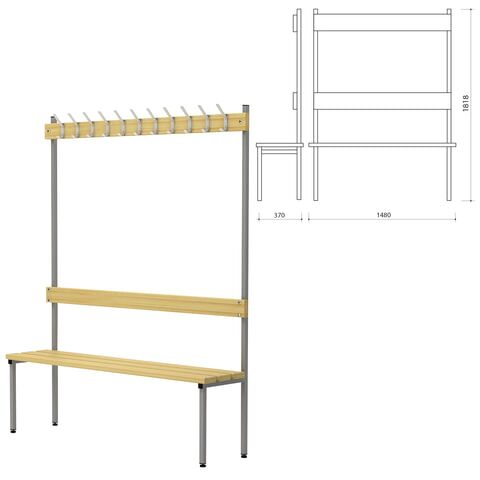 Вешалка со скамьей П-091Д/1,5, (1818х1480х370 мм), 11 крючков, металл серый и дерево