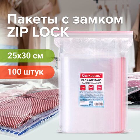 Пакеты с замком зиплок (гриппер), комплект 100 шт., 250х300 мм, ПВД, толщина 40 микрон, BRAUBERG, 606217