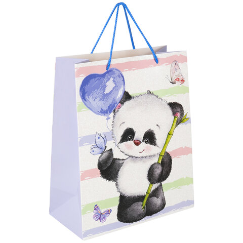 Пакет подарочный (1 штука) 26x13x32 см, ЗОЛОТАЯ СКАЗКА "Lovely Panda", глиттер, белый с голубым, 608241