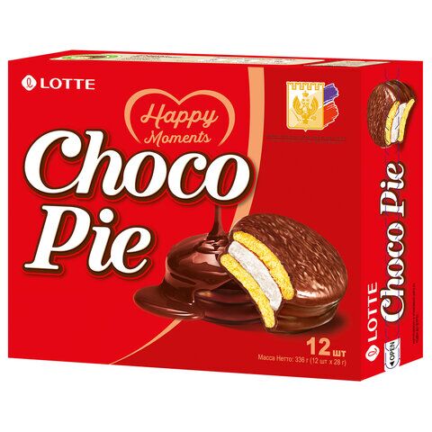 Печенье LOTTE Choco Pie (Чоко Пай), прослоенное, глазированное, в картонной упаковке, 336 г (12 штук х 28 г)