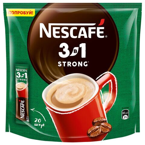 Кофе растворимый NESCAFE 3 в 1 Крепкий, КОМПЛЕКТ 20 пакетиков по 14,5 г (упаковка 290 г), 12460873