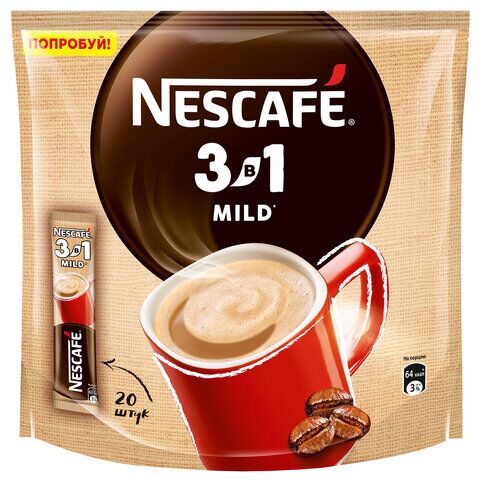 Кофе растворимый NESCAFE 3 в 1 Мягкий, КОМПЛЕКТ 20 пакетиков по 14,5 г (упаковка 290 г), 12460876